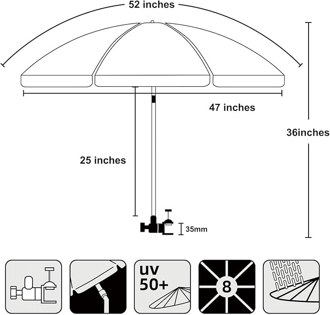 AMMSUN XL Chair Umbrella with Universal Clamp Adjustable 47 inches and 360-degree Swivel UPF 50+, Portable Clamp on Camping or Beach Chair, Stroller, Wheelchair, Golf cart, Navy Blue, 2 PACK