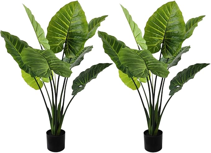 43in Artificial Alocasia Plant - 8 Realistic Leaves, Non-Toxic Faux Indoor Plant for Home Office Decor (Pet-Safe, Bendable Stems)(2pack-43in