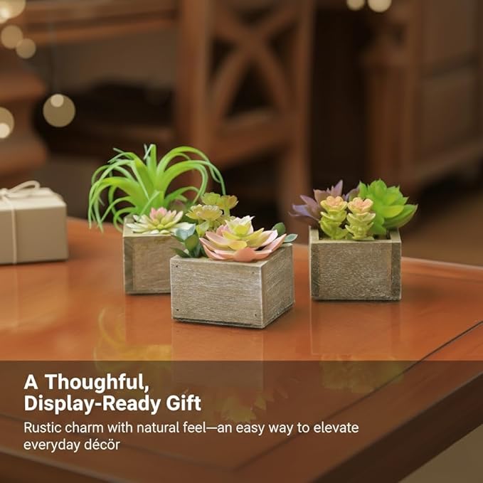 Mingfuxin Artificial Succulents Indoor, Set of 3 Mini Potted Greenery in Rustic Wood Planters, Tabletop Accent for Office, Bathroom Shelf, No Watering