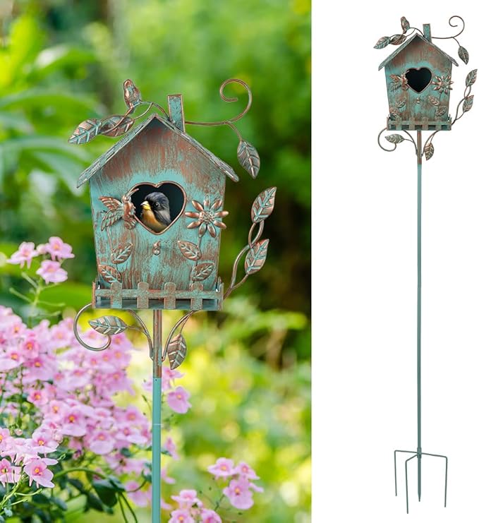 DREAMSOUL 48" Rustic Bird Houses for Outside Metal Bird House Pole, Decorative Green Birdhouse for Patio, Yard, Garden