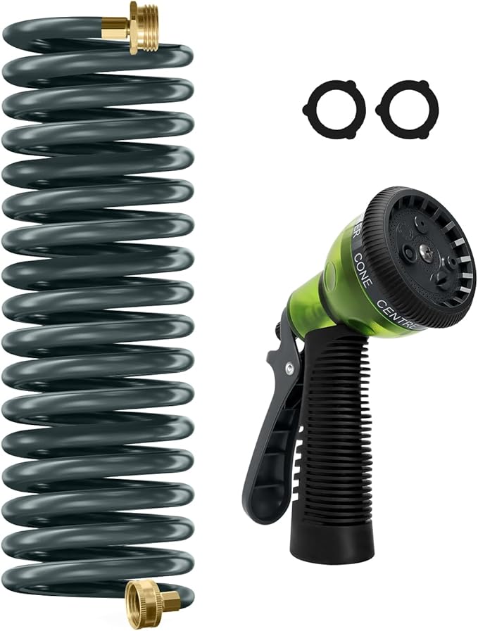 Coil Hose 15FT EVA Coil Garden Hose With 3/4'' Brass Connector Coiled Water Hose Lightweight And No Kink Includes 7 Patterns Spray Nozzle For Outdoors Lawn Watering Car Washing