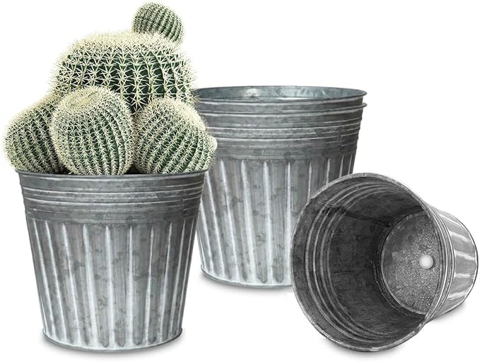 vensovo 8 Inches Silver Metal Rustic Plant Pots - 4 Pcs Large Galvanized Planters with Drain Hole and Rubber Plug, Rustproof Tin Bucket Flowerpot for Indoor Plants Farmhouse Vintage Style for Decor