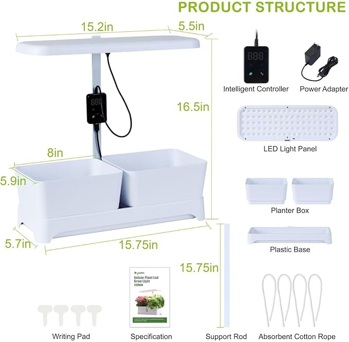 Indoor Herb Garden with Grow Light & Pots, Full Spectrum LED Planter for Kitchen Herbs & Houseplants, Height Adjustable Indoor Growing System for Home & Apartment Decor (White, 16 * 6.3 * 7.1 inch)