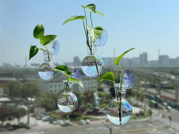 Bunmery 4 pcs Iridescent Window Propagation Stations, Easy to Install Plant Propagation Bulbs with Suckion Cups, No Nails Wall Hanging Planter Propagation Station, Glass Plant Terrarium Vase