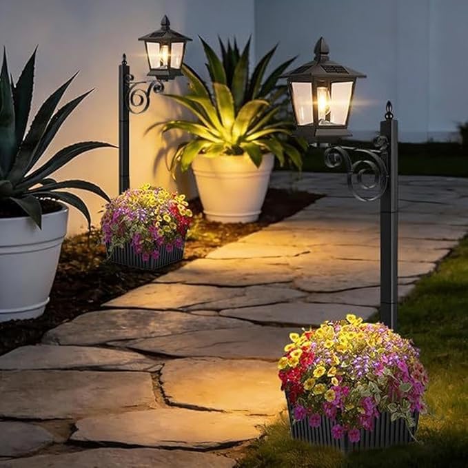 2 in 1 Outdoor Flower Pots for Real or Fake Flowers, Solar Lamp with Planter Base, 27” Wall Mount Decorative Light for Front Porch, Waterproof LED Light for Garden, Patio, Backyard