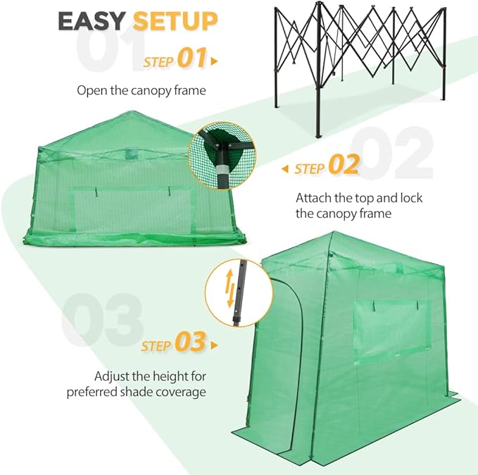 EAGLE PEAK 9x4 Portable Walk in Greenhouse, Pop Up Indoor Outdoor Greenhouse, Green House Kit with Zippered Roll-Up Doors and Windows, Lean-to Design, PE Cover, Clear/Green