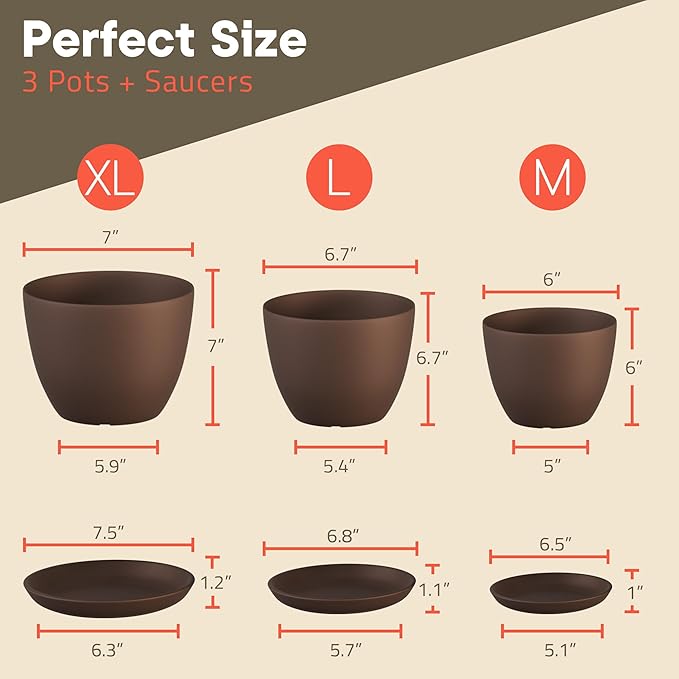 Planter Pots with Drainage Holes - Lightweight, Durable & Space-Saving Pots for Indoor and Outdoor - Versatile Functionality, Simple Modern Design, Set of 3 Plastic Planter Pots - Brown