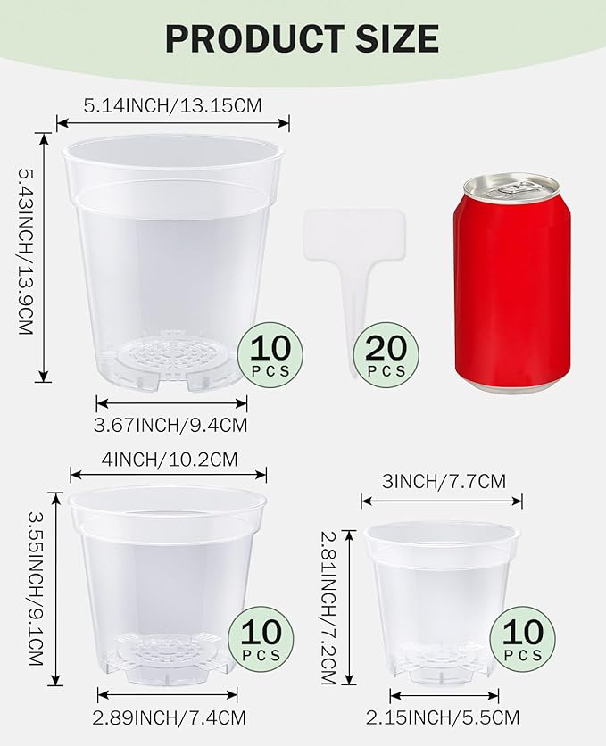 homenote Nursery Pots 30 Pack,3/4/5 Inch Plant Pot for Planting, Clear Nursery Pots for Plant,Plastic Seedling with Drainage Holes Seed Starter Flower High Transparency 20 Labels Excellent Hardness