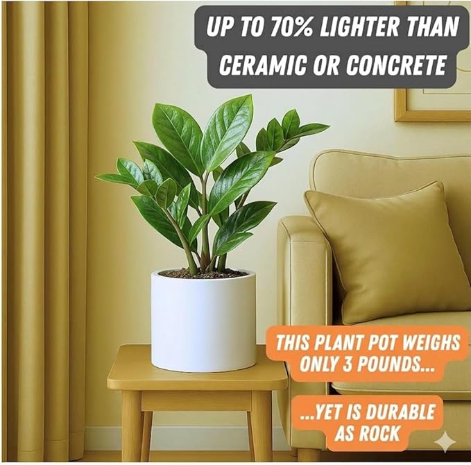 Fox & Fern 8 Inch Plant Pot with Drainage Plug — Premium Lightweight Fiberstone Glossy White Planter - Indoor & Outdoor Planter - 8 Inch Pots for Plants - Weather Resistant & UV Resistant