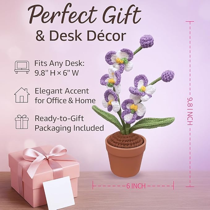 Handmade Crochet Orchid Potted Plants, Knitted Artificial Forever Flowers with Exquisite Pot, for Friends, Women, and Kids, Ideal for Home Decorations and Office Desks