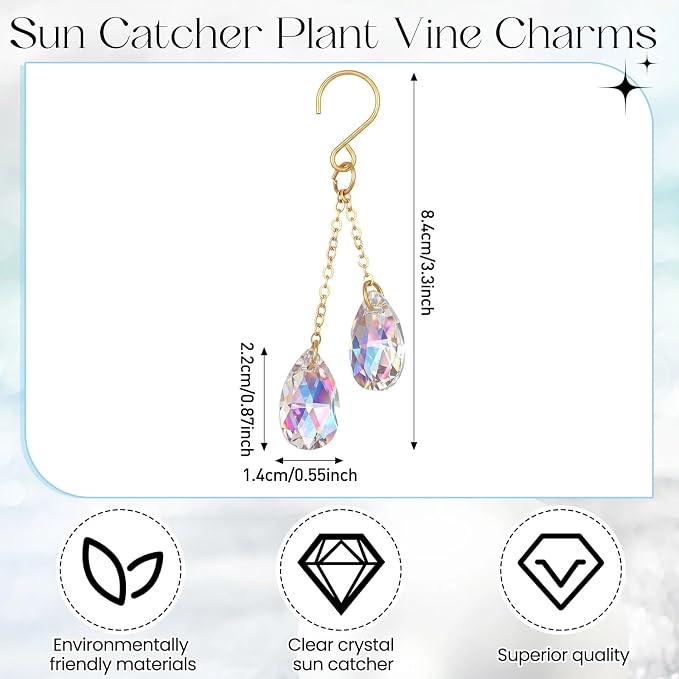 6 Pcs Crystal Sun Catcher Plant Vine Charms Hanging for Mini Potted Plants, Home Window Garden, Garden Home Window Rainbow Sun Catchers Plant Accessories Indoor (Colorful)