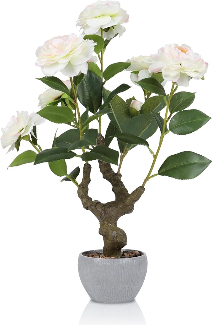 TOARTi Artificial Camellia Potted Plant with Stone Pot, 20" Tall Fake Potted Flowers Faux Desk Plant, Realistic Decorative Plants Indoor Decor for for Home Bedroom Bathroom Office Desk