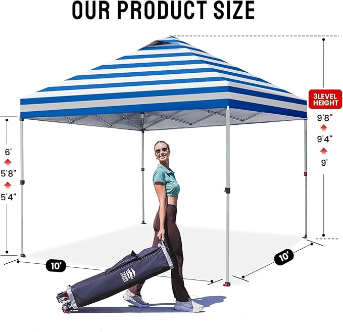 CROWN SHADES 10x10 Pop Up Canopy - Beach Tent with One Push Setup - Outdoor Sun Shade for Events, Parties, Camping - STO-N-Go Cover Bag, Silver Coated Top, 3 Height& 4 Sand Bags, Sky Blue Stripes