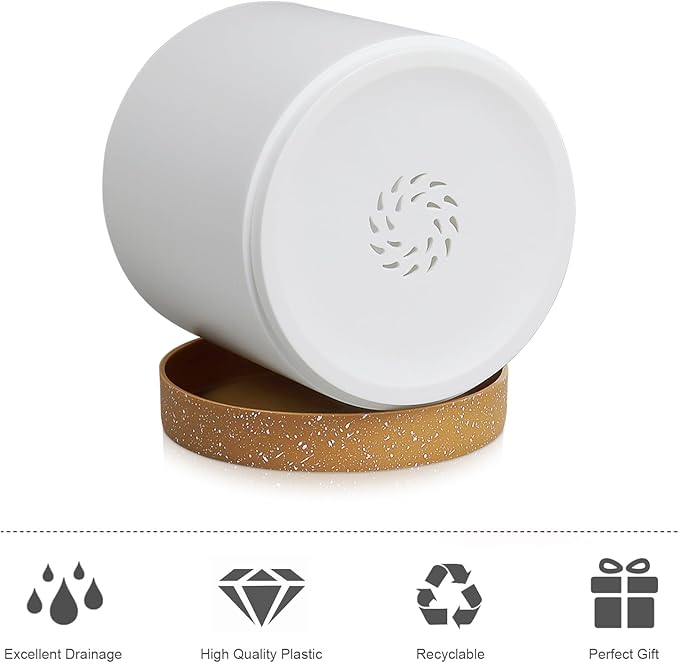 WSMKSZ 3 Pack 6/5/4 inch Cylindrical Flower Pots, Modern Small Round Plastic Plant Pots with Drainage Holes & Saucers, Clean and Refined Planter Pots for Outdoor, Indoor & Office Decor (White Brown)