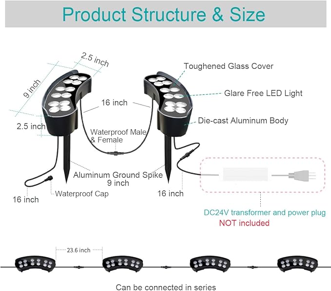 Outdoor Landscape Lights, DC 24V Low-Voltage Tree-Hugging Lights (Transformer Not Included), IP65 Waterproof Spotlights 3000K, Suitable for Palm Trees and Landscapes Requiring Accent Lighting (2-Pack)