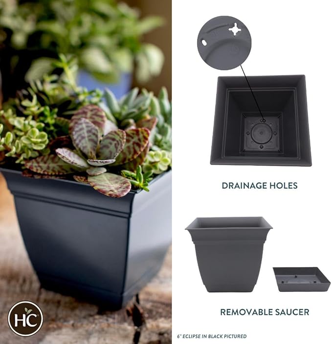 The HC Companies 12 Inch Eclipse Square Planter with Saucer - Indoor Outdoor Plant Pot for Flowers, Vegetables, and Herbs, Warm Gray (Pack of 4)