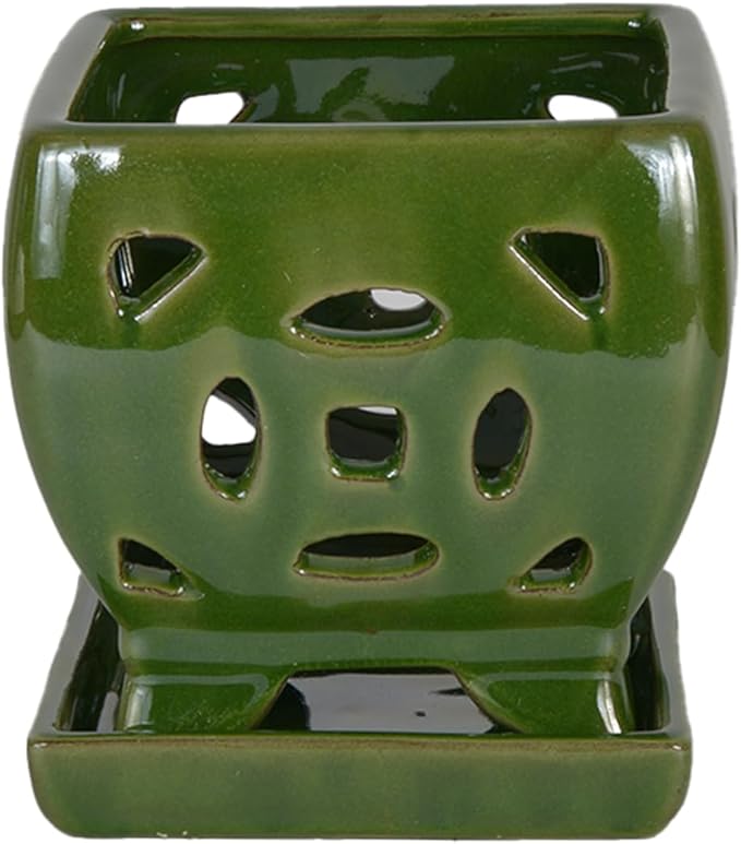 W&W Orchid Pot with Holes and Saucer for Repotting, Seagreen, 5.5"