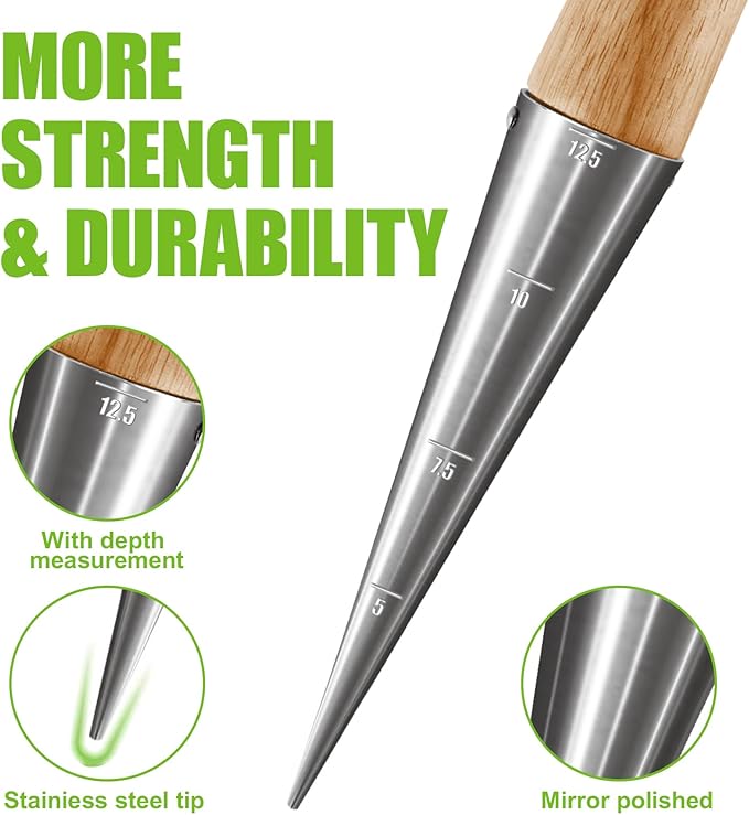 Gardtech Hand Dibber with Wooden Handle, Chrome Coated Stainless Steel Head - Lightweight Sturdy Hand Held Bulb Planter for Tulip Daffodil Crocus Garden Tool (Dibber)