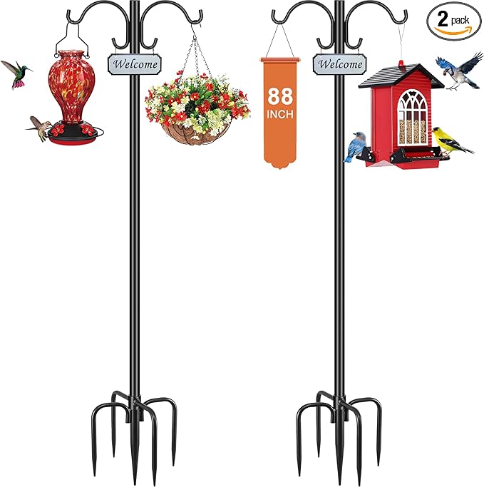 Heavy Duty Double Shepherd Hooks for Outdoor 1-in Dia with 5-Prong Base, 88inch Adjustable Decorative Metal Bird Feeder Pole for Hanging Bird Nest, Plant Basket,Lantern,Solar Light 2 Pack