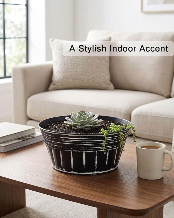 vensovo 10 Inches Black Metal Rustic Plant Pots - 4 Pcs Large Shallow Galvanized Planters with Drain Hole and Rubber Plug, Rustproof Tin Bucket Succulent Pot Indoor Farmhouse Vintage Style for Decor