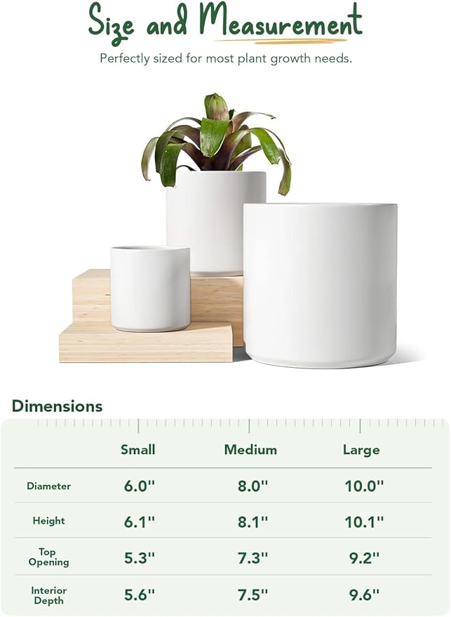 LE TAUCI Ceramic Pots for Plants, 10/8/6 Inch Indoor Planters with Draiange Hole, Silicone Plug & Mesh Pad, Modern Minimalist Pots for Home Office, Set of 3, Satin, White