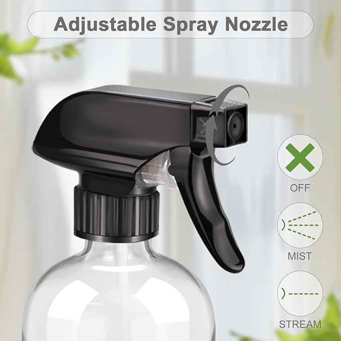 Worldgsb 2 Pack Glass Spray Bottles with Silicone Sleeve, 16 oz Empty Refillable Containers with Adjustable Spray Nozzles, Spray Bottles for Hair, Cleaning Solutions and Plants Black