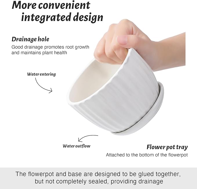 STHIE Ceramic Plant Pots with Drainage Holes and Saucers, Round White Flower Pots for Indoor Plant, Diameter 3.3/4.3/5.5 Inches Small Flower Planters Set of 3