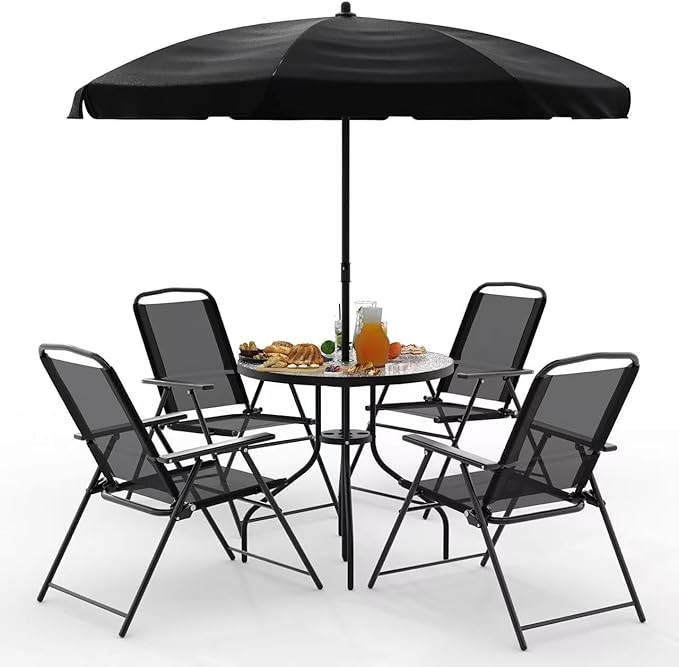 TAVATA Patio Dining Set with Umbrella, Patio Table and Chairs Set with Round Glass Table, 4 Folding Chairs, 6 Piece Outdoor Furniture Sets for Garden, Lawn, Backyard, Deck (Black)