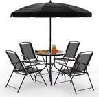 TAVATA Patio Dining Set with Umbrella, Patio Table and Chairs Set with Round Glass Table, 4 Folding Chairs, 6 Piece Outdoor Furniture Sets for Garden, Lawn, Backyard, Deck (Black)