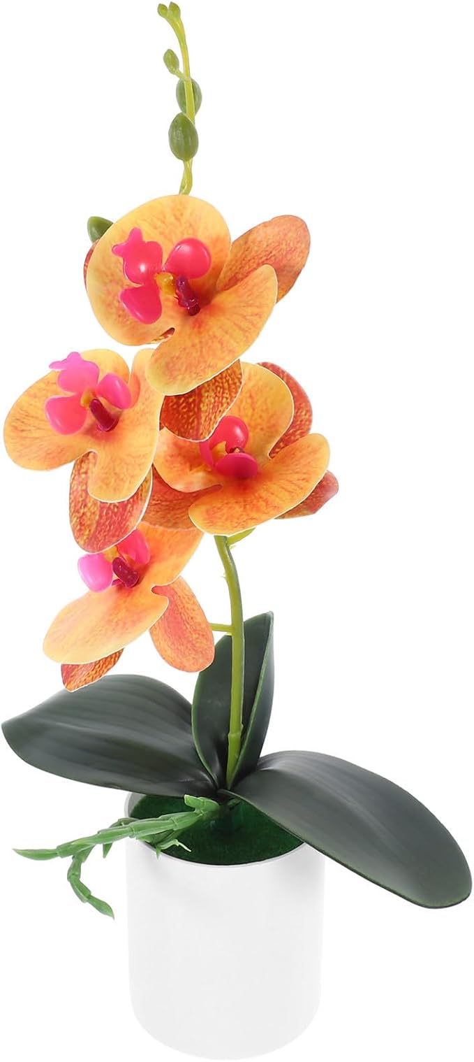 VILLCASE Artificial Orchid Potted Plant Faux Orchid Simulation Flower Orange Desktop Fake Potted Plant Home Office Table Décor Kitchen Living Room