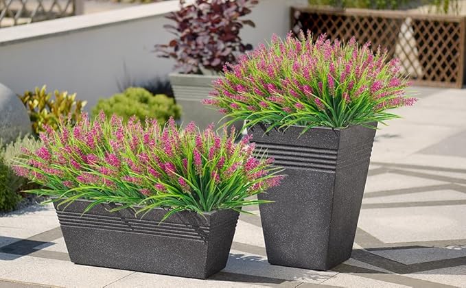 obbsie 12 Bundles Artificial Plants Outdoor, 18.2" UV Resistant Faux Monkey Grass Greenery Stems No Fade Faux Plastic Flowers Shrubs for Home Weddings Garden Porch Front Patio Office Decor - Rose Red