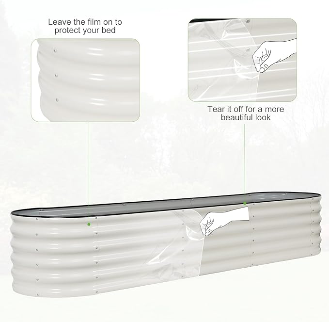 Galvanized Raised Garden Bed - 8x2x1.4FT Metal Planter Boxes Outdoor | Oval Steel Raised Bed Kit for Gardening with Protective Tape, Bracing Rods, Gloves for Vegetables, Flower, Herb (White)