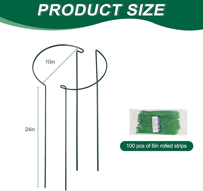 Tall Heavy-Duty 24in Plant Support Stakes - 8 Pack Adjustable Peony Cages & Supports for Outdoor Plants, Half-Round Garden Stakes for Hydrangea, Roses with Extension Stakes