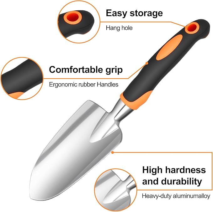 Garden Tool Set, 4Pcs Aluminum Heavy Duty Gardening Tool Set, Include Shovel, Transplant Trowel, Hand Cultivator and Shear with Rubberiz NonSlip Ergonomic Handle, Gardening Kit for Women Men