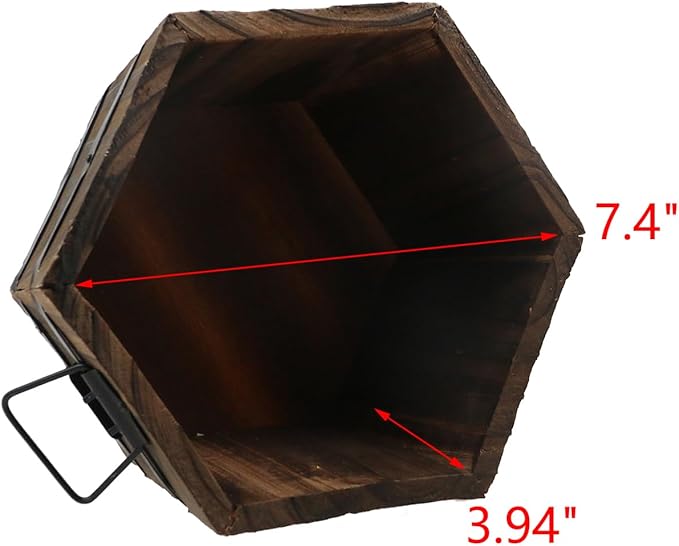 MY MIRONEY Wooden Barrel Planter Vintage Style Wood Bucket Rustic Garden Flower Plant Pots Container with Metal Handles, Hexagonal, 8.27" x 4.72"
