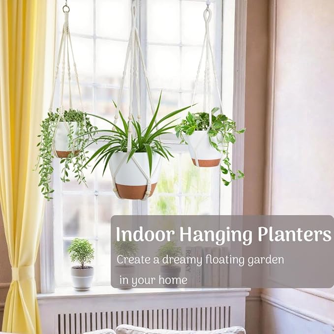 3 Pack 10/8/7 Inch Hanging Planters for Indoor Plants with Self-Watering Hanging Pots with Drainage, 3 Different Size Macrame Plant Hangers with Hooks White Large