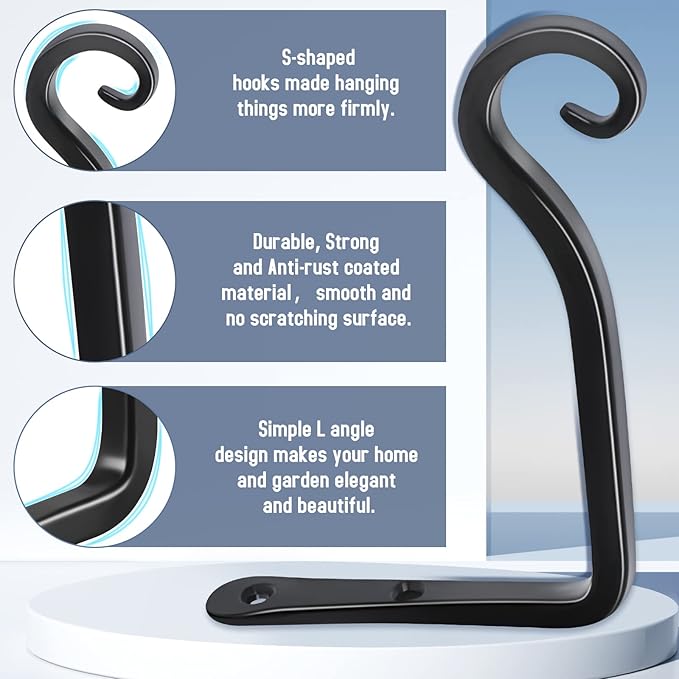 FEED GARDEN Heavy Duty Plant Hooks - 2 Pack 6 Inch Wall Mounted Hanging Brackets, 44lb Capacity Steel Plant Hangers for Bird Feeders, Baskets, Wind Chimes - Black
