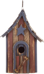 Glitzhome Hanging Birdhouse for Outside, Rustic Patriotic USA Wooden Bird House, Garden Decorative Birdhouses for Outdoors, Bluebird House with Door Handle for Wren Finch Cardinals Cedar
