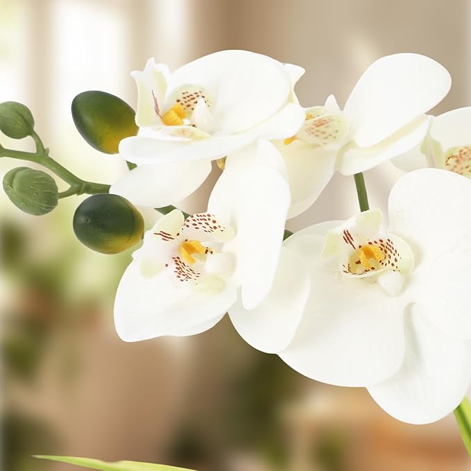 Garvee Real Touch Silk Phalaenopsis Orchid Artificial Flowers - 3 Stems Faux Orchid Bough with Vase, Lifelike Large Fake Flowers in Pot for Home Decor Living Room Bedroom Office Tabletop