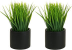 MyGift Tabletop Artificial Grass Plants Decorative Faux Greenery Plant Potted in Modern Cylindrical Black Cement Pots, Set of 2