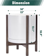 D'vine Dev Ceramic Planter with Walnut Color Stand - 14 Inch Modern Round Flower Pot with Wood Planter Holder, White, 55-B-T-1