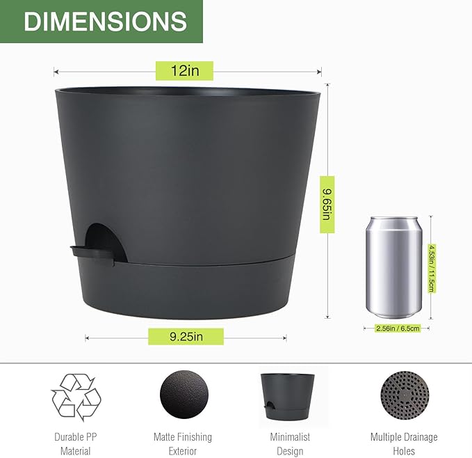 SwinDuck 12inch Large Self Watering Plant Pot, Plastic Cylinder Planter with 60Oz Deep Reservoir and Saucer for Indoor Outdoor Plants Flowers Houseplants, Black