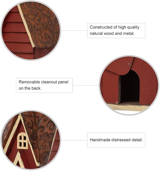 Glitzhome Bird Houses for Outside, Distressed Red Cottage Blue Bird House, 12" H Solid Wood Birdhouse Hanging Bird House for Outdoors