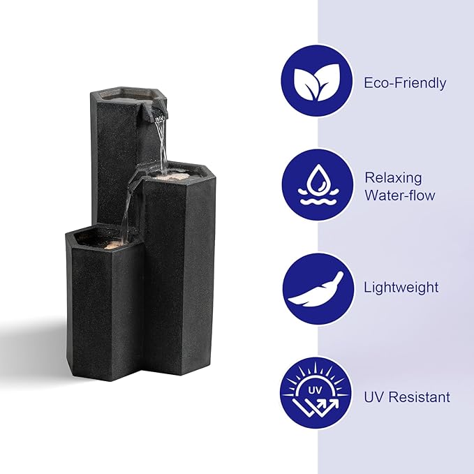 27.95“” H 3-Tiers Cascading Outdoor Water Fountain Made with Eco-Friendly Recyclable Materials, Polyethylene Waterfall Fountain, Outdoor Decor with LED Lights for Patio, Backyard