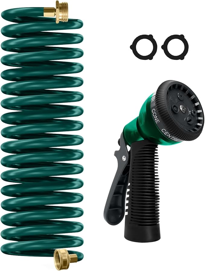 Coil Hose 15FT EVA Coil Garden Hose With 3/4'' Brass Connector Coiled Water Hose Lightweight And No Kink Includes 7 Patterns Spray Nozzle For Outdoors Lawn Watering Car Washing