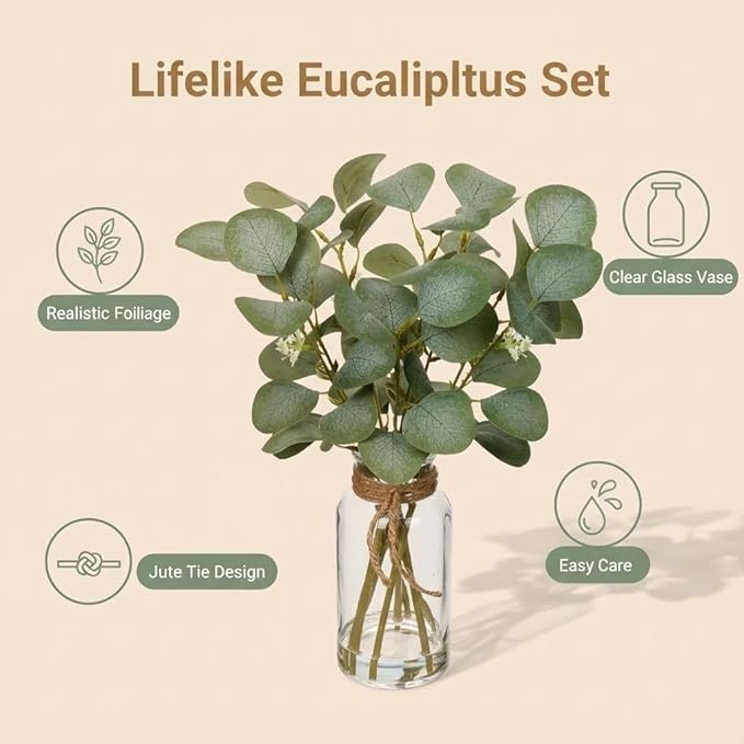 Briful Artificial Eucalyptus Stems in Glass Vase with Faux Water, 14" Fake Plant Eucalyptus Leaves for Home Bathroom Office Farmhouse Wedding Centerpiece Décor