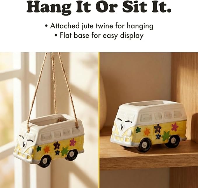 The Bridge Collection Hippy Vehicle Planter Pot (Yellow Bus - Hanging)
