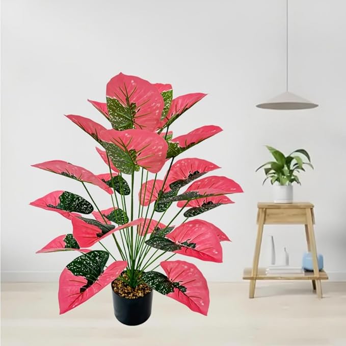 Artificial Caladium Plant with Red and Green Leaves, Red Leaf Artificial Plants Decoration Simulated Bonsai Potted Decor Home Room Party Wedding Office Floor(Rosered(No Flowerpot), 75cm)