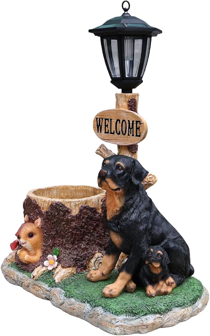 Animal Outdoor Statue Planter Solar Light Welcome Garden Sculpture Resin Flower Pot Decorative Porch Patio Yard Lawn Entryway Figurine with LED Lamp Rustic Plant Holder Ornament Courtyard (L)