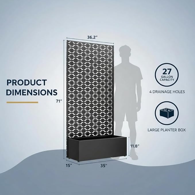 QINPTWUT Geometric Edition Privacy Screen Planter Box with Trellis, Metal Raised Garden Bed for Climbing Plants, 27 Gallon Outdoor Divider for Patio Balcony Backyard, Easy Assembly